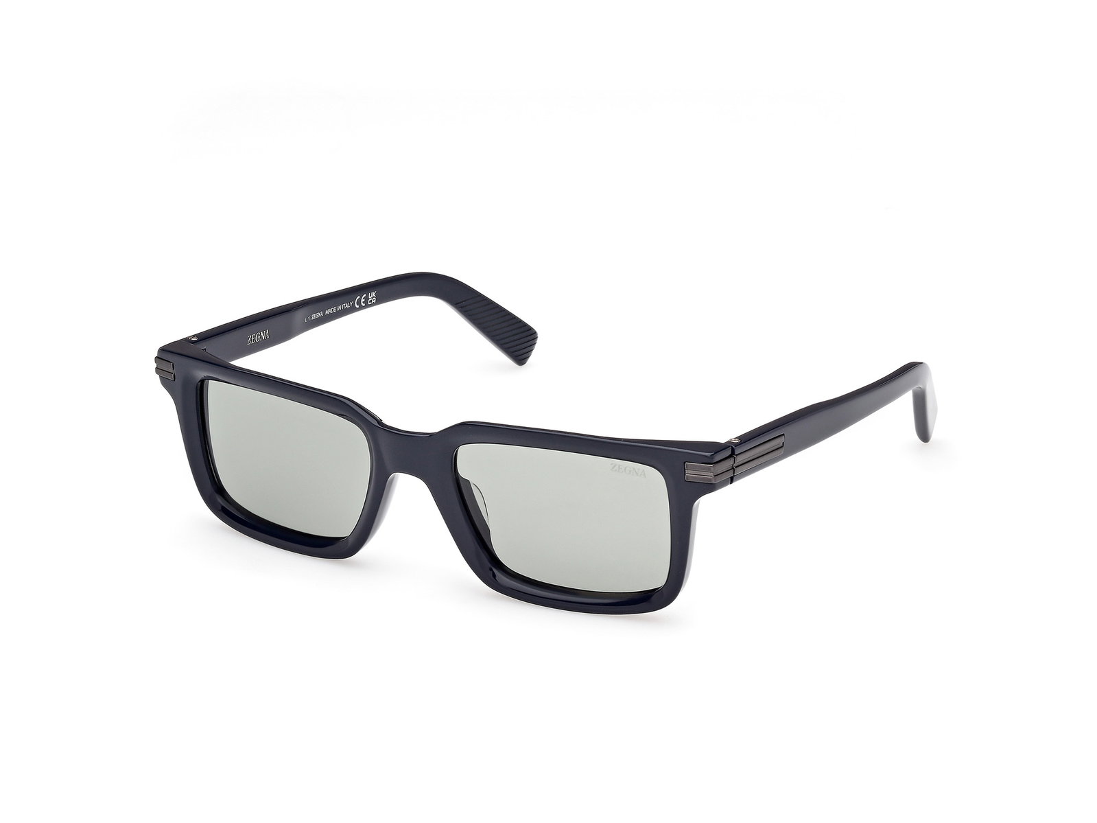 Das Bild zeigt die Zegna Sonnenbrille 0249 in glänzend blau leicht schräg von der Seite.